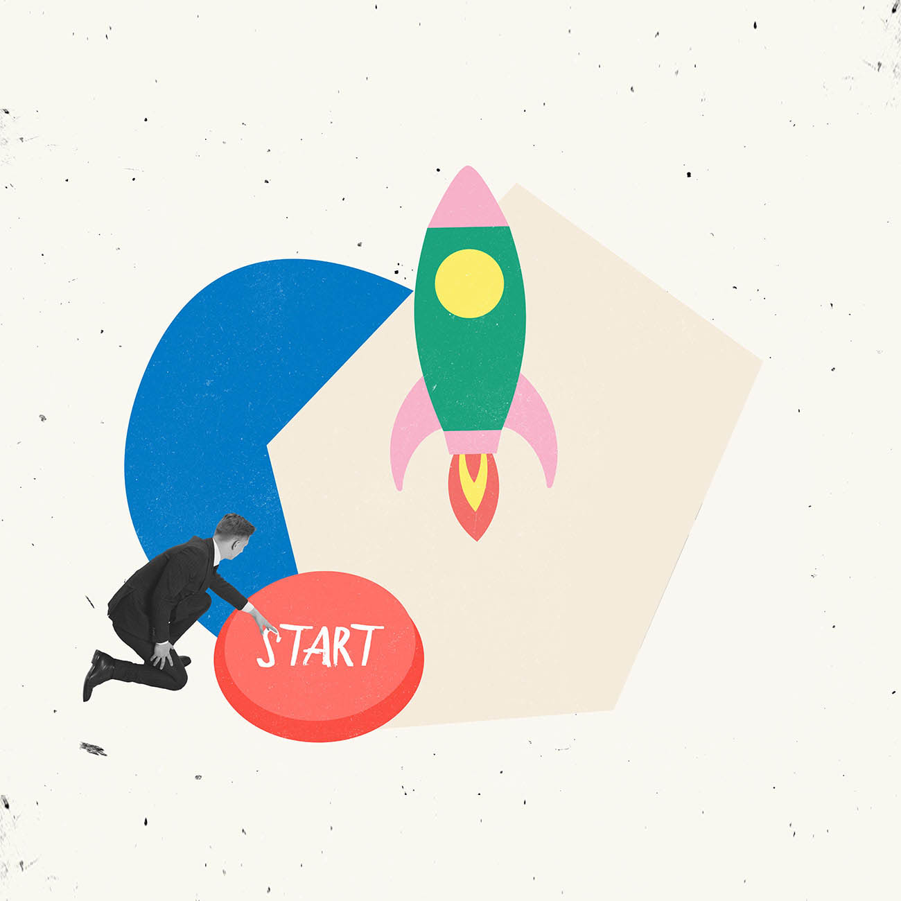 illustration of a man pushing a start button to launch a rocket
