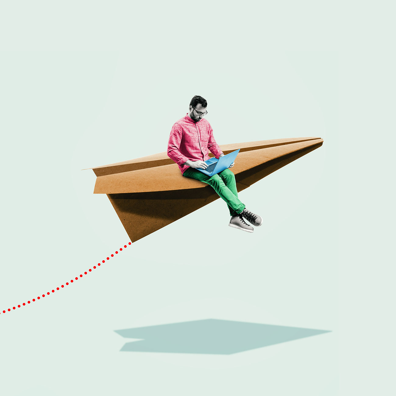 dmc services - illustration of a man sitting on a flying paper plane